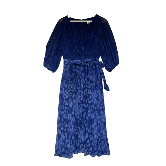 DKNY Chiffon Faux Wrap Midi Dress Womens 10 Blue Sheer Puff Sleeve Ruched Belt - Picture 1 of 16